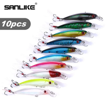 Load image into Gallery viewer, SANLIKE 10 Pcs 9cm Fishing Lure Minnow Imitation Fake Bait Crankbait with Feather Hooks Microwave Away Casting Floating Water