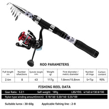Load image into Gallery viewer, SANLIKE Fishing Rod and Reel Sets 2.4M Carbon Fiber Telescopic Throwing Fishing Rod 5.2:1 Gear Ratio Spinning Organizer Pole Set