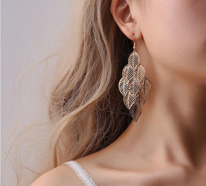 European and American fashion ol simple gold and silver multilayer hollow Leaf Earrings Long Leaf Earrings