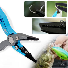 Load image into Gallery viewer, SANLIKE New Aluminum Alloy Fishing Pliers Split Ring Cutters Fishing Holder Tackle with Sheath & Retractable Tether Combo Hooks Remover