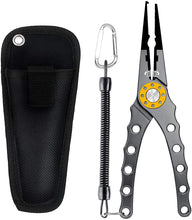 Load image into Gallery viewer, SAN LIKE Split Ring Pliers - Aluminum Fishing Pliers Hook Remover Tungsten Carbide Cutters Saltwater Resistant Fishing Gear Split Ring Fish Holder with Coiled Lanyard & Sheath Fishing Gifts for Men