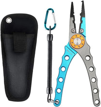 Load image into Gallery viewer, SAN LIKE Split Ring Pliers - Aluminum Fishing Pliers Hook Remover Tungsten Carbide Cutters Saltwater Resistant Fishing Gear Split Ring Fish Holder with Coiled Lanyard & Sheath Fishing Gifts for Men