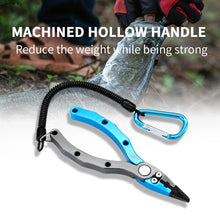 Load image into Gallery viewer, SANLIKE New Aluminum Alloy Fishing Pliers Split Ring Cutters Fishing Holder Tackle with Sheath & Retractable Tether Combo Hooks Remover