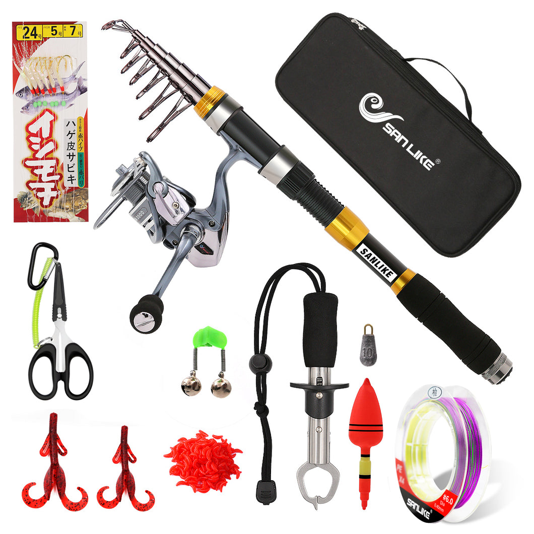 SANLIKE Telescopic Fishing Rod and Reel Combos FULL Kit Spinning Fishing Gear Organizer Pole Sets with Line Lure Oks Reel