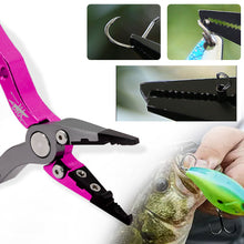 Load image into Gallery viewer, SANLIKE New Aluminum Alloy Fishing Pliers Split Ring Cutters Fishing Holder Tackle with Sheath & Retractable Tether Combo Hooks Remover