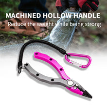Load image into Gallery viewer, SANLIKE New Aluminum Alloy Fishing Pliers Split Ring Cutters Fishing Holder Tackle with Sheath & Retractable Tether Combo Hooks Remover