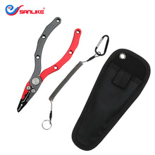 Load image into Gallery viewer, SANLIKE Fishing Pliers Aluminium Alloy Multifunctional Hooks Remover Fishing Line Scissors with Safety Lock and Storage Bag

