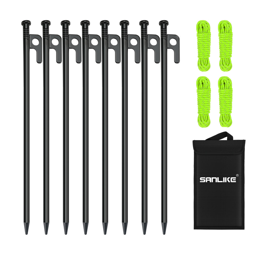SANLIKE Tent Nail and Rope Set 8pcs Heavy Duty Forged Steel Tent Stakes Storage Pouch Kinds of Ground Outdoor Camping Tool