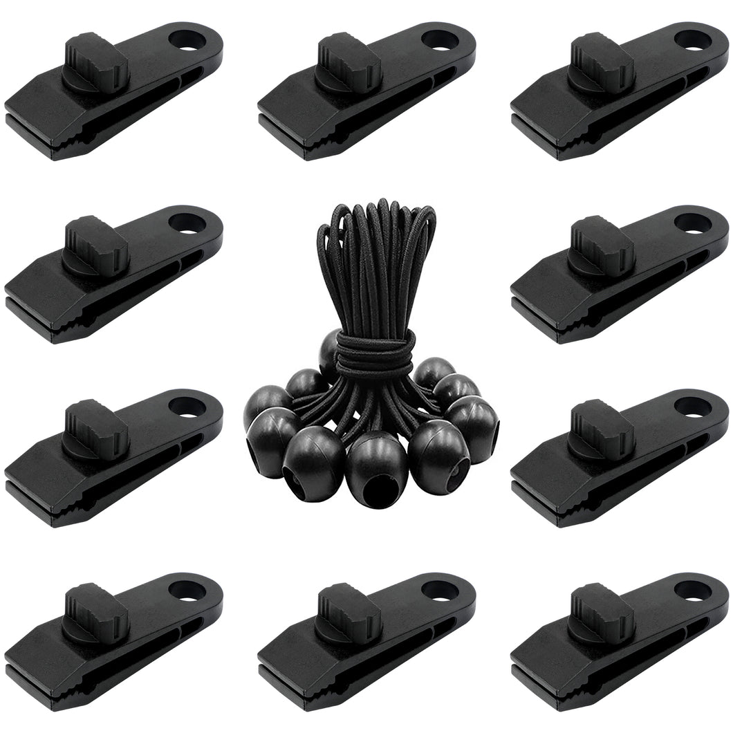 SANLIKE Tarp Clips Heavy Duty Lock Grip 10pcs Tent Clips Clamps with Thumb Screw and Bungee Ball Cords for Fixing Tarps Awnings