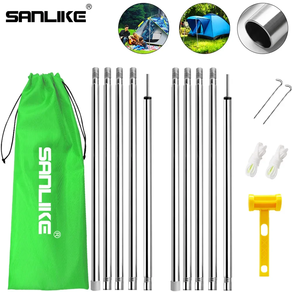 SANLIKE Ultralight stainless steel tent poles waterproof tarpaulin poles camping poles with tent pegs wind rope tent hammer