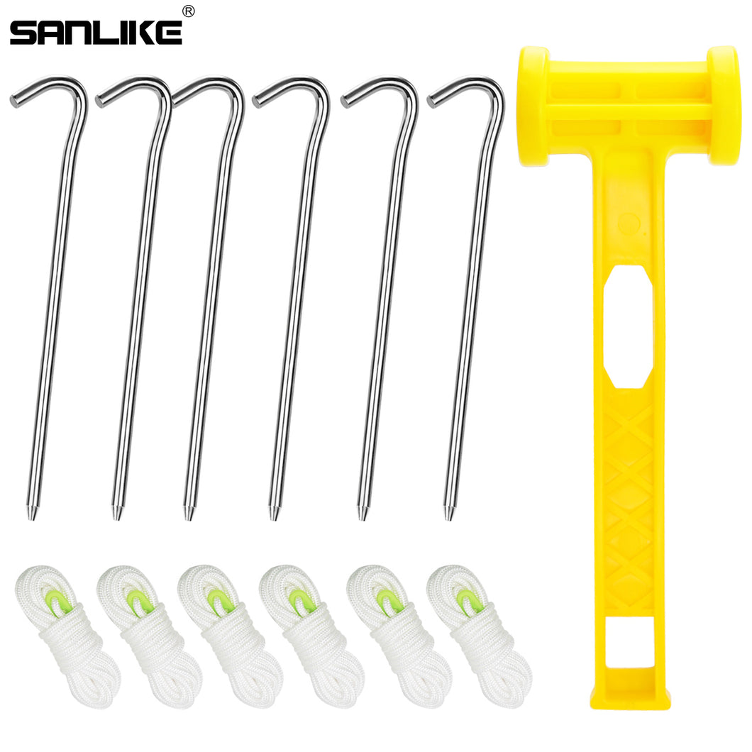 SANLIKE Tent Stakes Pegs with Hook Guy Lines Long Rope Plastic Hammer Tool Set for Camping Outdoor Activities Tent Accessories