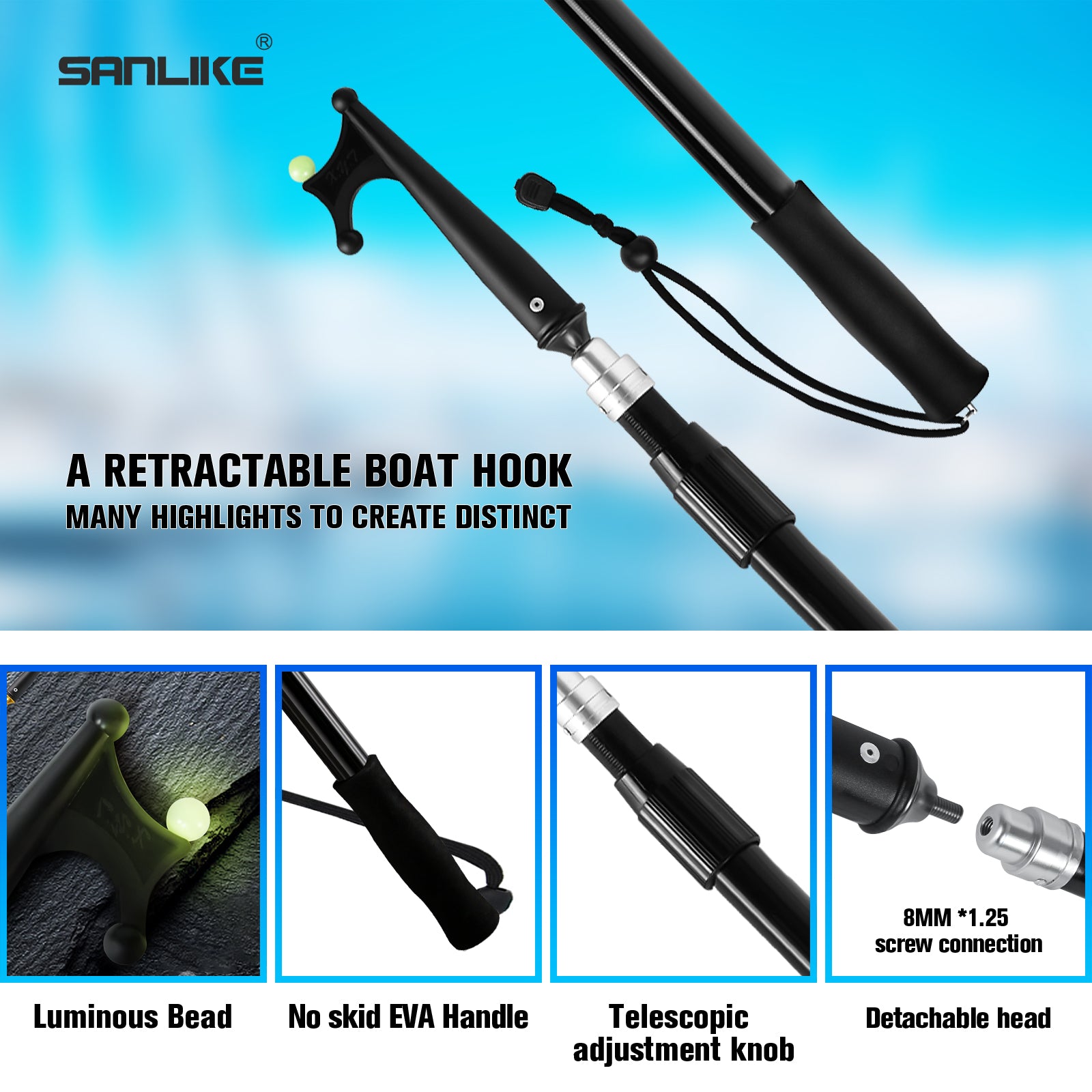 SANLIKE Telescopic Boat Hook with Luminous Bead and PE Lanyard WI Type  Aluminium Alloy 4-Stage Pole Super Strong Pull Non-Slip EVA Foam Hand Grips