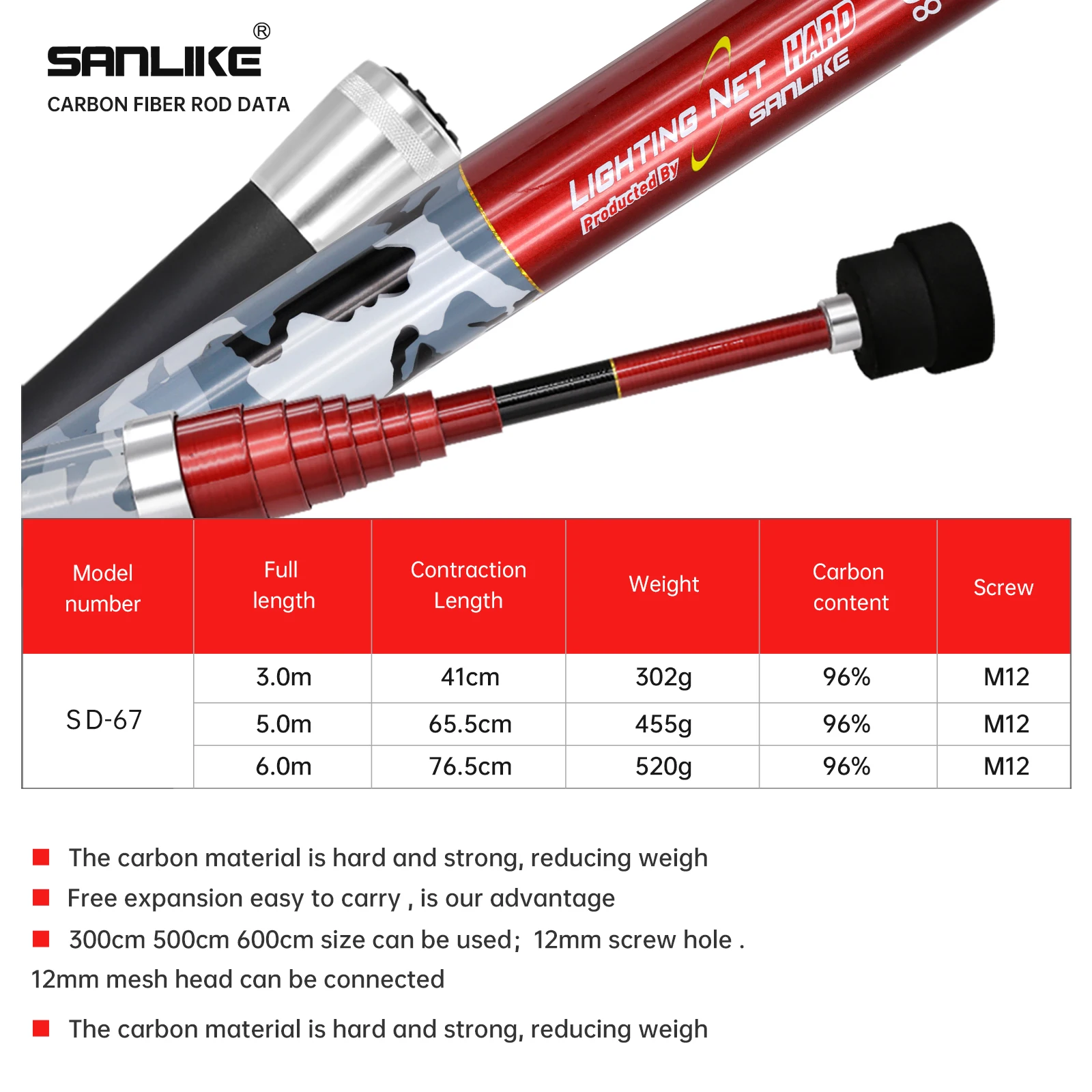 SANLIKE 5/6m Fishing Landing Net Telescopic Carbon Fibre Rod