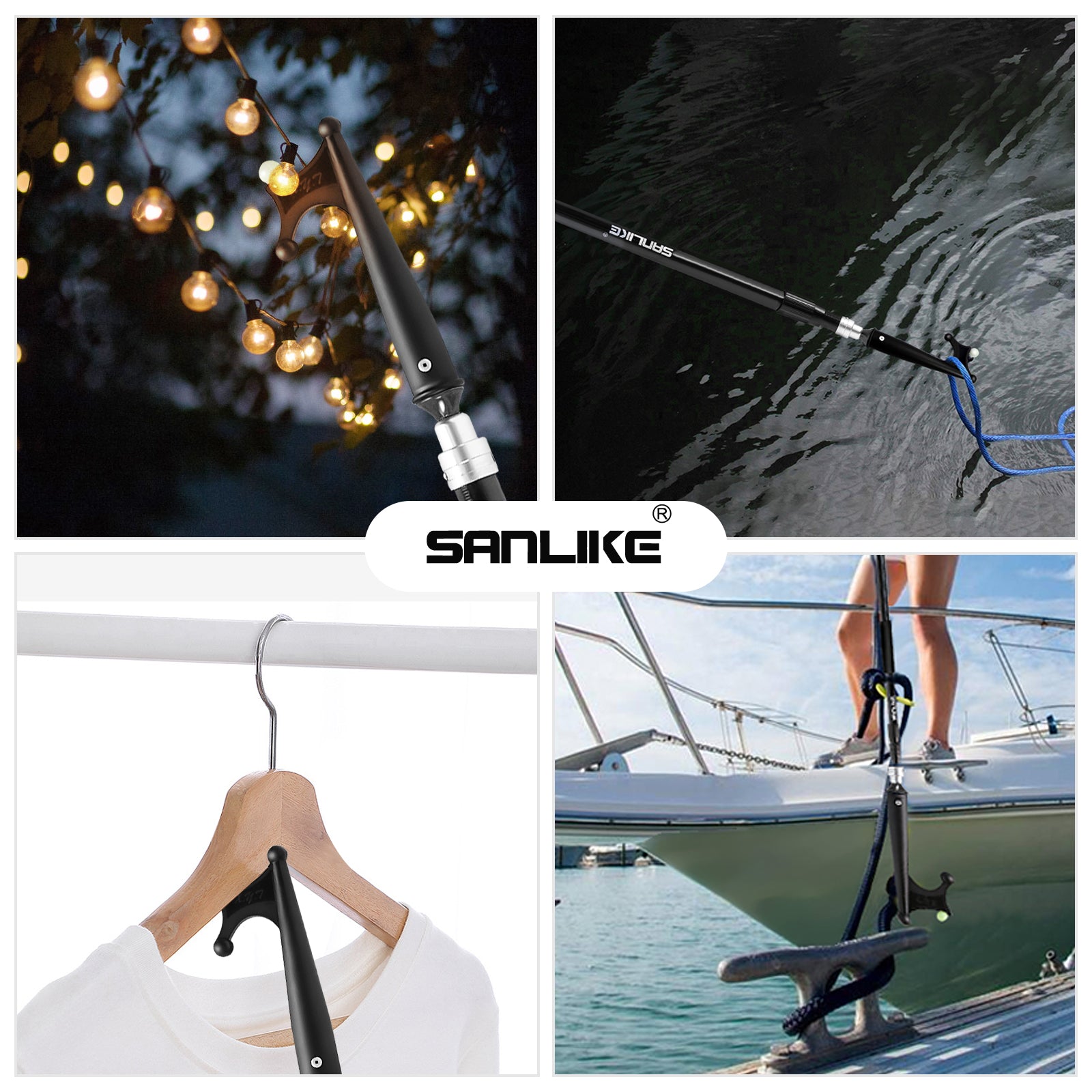 SANLIKE Telescopic Boat Hook with Luminous Bead and PE Lanyard WI Type  Aluminium Alloy 4-Stage Pole Super Strong Pull Non-Slip EVA Foam Hand Grips