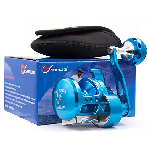 SANLIKE All Space Aluminum,High Quality Trolling Reel With Warning System , Sea Single Speed Fishing Reels Saltwater Freshwater Gifts For Fishmen SLG-07 (Right hand,Blue)